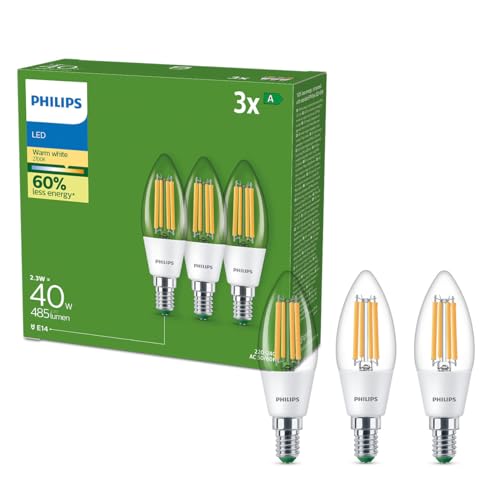 Philips Classic ultraeffiziente E14 LED Kerze, 40W, warmweiß, klar, 3-er Pack von Philips Lighting