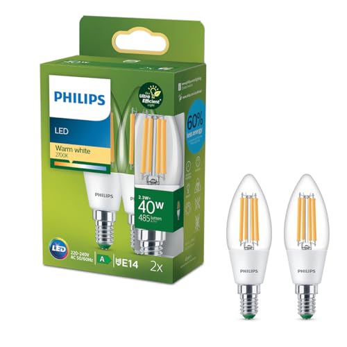 Philips Classic ultraeffiziente E14 LED Lampe, 40W, klar, warmweiß, Doppelpack von Philips Lighting