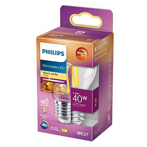 Philips LED Classic E27 WarmGlow Lampe, 40 W, Tropfenform, dimmbar, klar, warmweiß von Philips Lighting