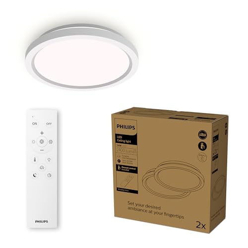 Philips LED-Deckenleuchte mit Fernbedienung, rund, 30 cm, dimmbar, Tunable White, Wohnzimmer, Schlafzimmer, kein Flimmern oder Blenden, modernes Design, weiß, 2er Pack von Philips Lighting