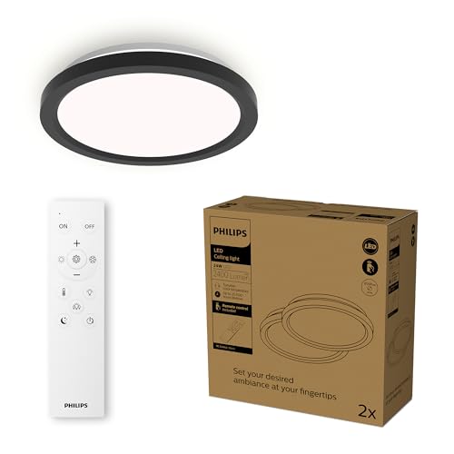 Philips LED-Deckenleuchte mit Fernbedienung, rund, 30 cm, dimmbar, Tunable White, Wohnzimmer, Schlafzimmer, kein Flimmern oder Blenden, modernes Design, schwarz, 2er Pack von Philips Lighting