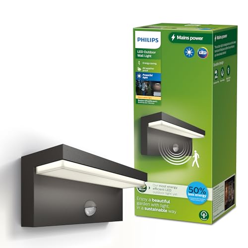 Philips Outdoor Ultra-Efficient Bustan Wandleuchte 3.8W, Bewegungssensor, 2700K warmweißes Licht, IP44 wetterfest, anthrazit von Philips Lighting