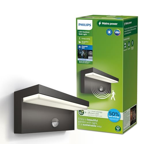 Philips Outdoor Ultra-Efficient Bustan Wandleuchte 3.8W, Bewegungssensor, 4000K kühlweißes Licht, IP44 wetterfest, anthrazit von Philips Lighting