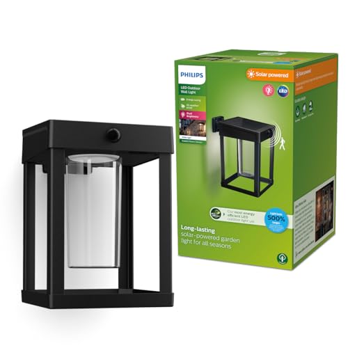 Philips Outdoor Ultra-Efficient Solar Camill Wandleuchte 1,4W, Dual-Bright Sensor, eckig, klar, 3000 Kelvin, IP44 wetterfest, schwarz von Philips Lighting