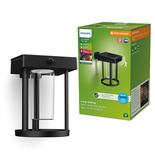 Philips Outdoor Ultra-Efficient Solar Camill Wandleuchte 1,4W, Dual-Bright Sensor, rund, klar, 3000 Kelvin, IP44 wetterfest, schwarz von Philips Lighting