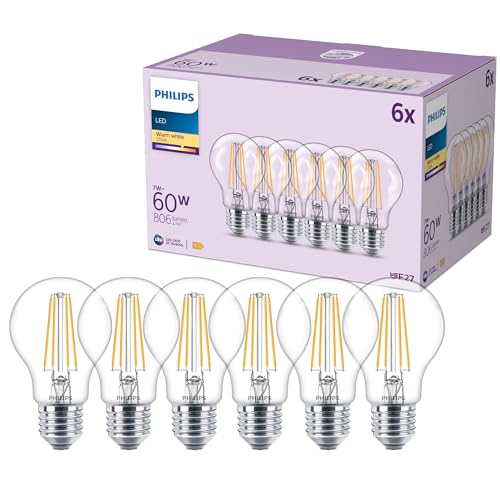 Philips classic A60 LED Lampe, 60 Watt, klar, E27 Sockel, 2700 K warmweißes Licht, 6er Pack von Philips Lighting