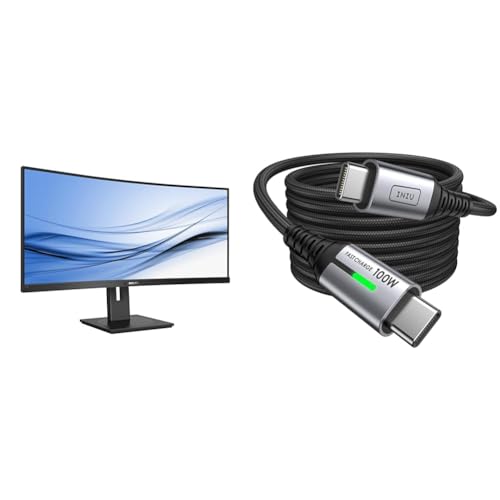 Philips 346B1C - 34 Zoll WQHD Curved USB-C Docking Monitor, höhenverstellbar & INIU USB C Kabel, 100W [2m] PD3.0 Schnellladekabel USB C auf USB C von Philips Monitors