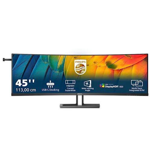 Philips 45B1U6900C - 45 Zoll DQHD Curved Monitor, Adaptive Sync, höhenverstellbar (5120x1440, 75 Hz, HDMI, DisplayPort, USB-C (100W PD), USB Hub) schwarz von Philips