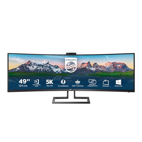 Philips 499P9H - 49 Zoll DQHD Curved USB-C Docking Monitor, Webcam, höhenverstellbar, HDR400 (5120x1440, 70 Hz, HDMI 2.0, DisplayPort, USB-C, RJ45, USB Hub) schwarz von Philips Monitors