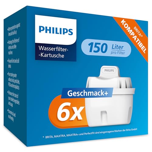 Philips Water Wasserfilter-Kartuschen, 6er-Pack, Brita-kompatibel, reduziert MIKROPLASTIK, CHLOR, KALK, SCHWERMETALLE von Philips Water