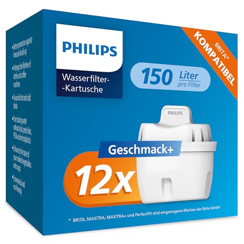 Philips Water Wasserfilter-Kartuschen, 12er-Pack, Brita-kompatibel, reduziert MIKROPLASTIK, CHLOR, KALK, SCHWERMETALLE von Philips Water