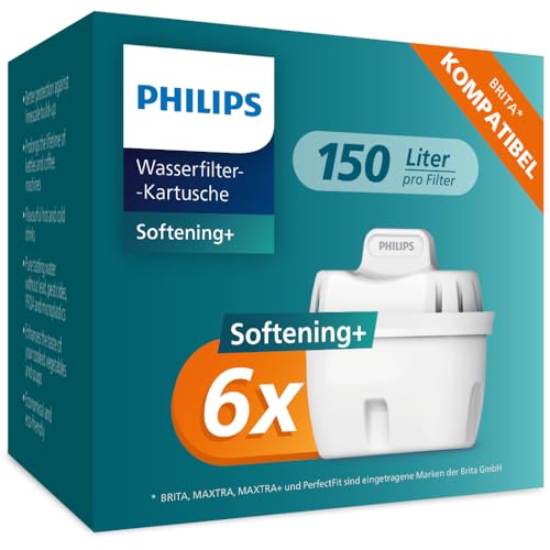 Philips Water Wasserfilter-Kartusche SOFTENING+, 6er-Pack, Brita-kompatibel, BIS ZU 50% WASSERHÄRTE REDUZIERUNG von Philips Water