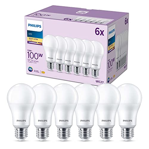 Philips LED E27 Lampen 6-er Pack (100 W), matte LED Lampen mit warmweißem Licht, energiesparende LED Beleuchtung mit langer Nutzlebensdauer von Philips