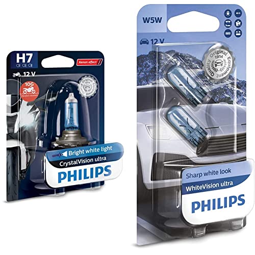 Philips 12972CVUBW Crystalvision Ultra Moto H7 Motorrad-Scheinwerferlampe, 1 Stück & Philips WhiteVision ultra W5W Signallampe, Doppelblister von Philips