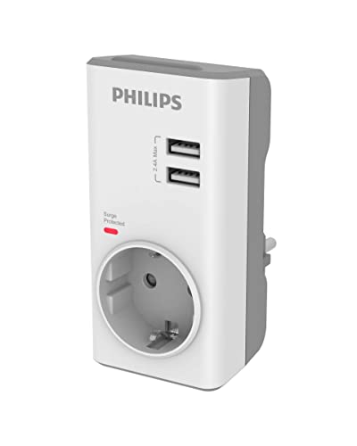 Philips Adapter CHP4010W/10 – Steckdosenadapter, integriertes USB-Ladegerät, 2 USB-Ports 2,4 A max. 1 Steckdose, LED-Anzeige, Überspannungsschutz, Weiß von Philips