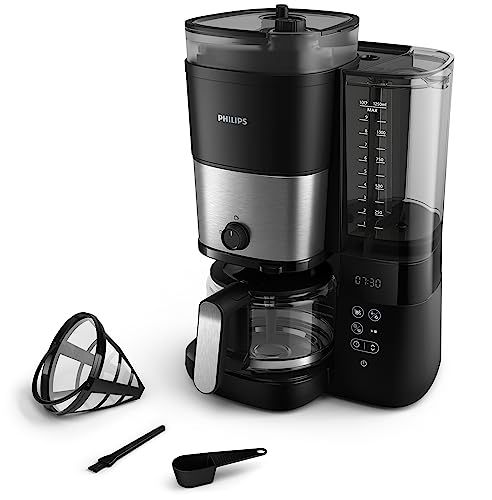 Philips All-in-1 Filterkaffeemaschine - integriertes Kegelmahlwerk für frisch gemahlenen Kaffee - Duo-Bohnenbehälter, 1,25-L-Glaskanne, individuelle Einstellung der Intensität (HD7900/50) von Philips Domestic Appliances