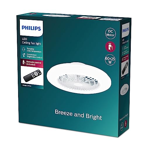Philips Amigo Deckenventilator mit Licht, dimmbar mit Fernbedienung, 3000/4400/6500 K, 3 Lichtszenen, weiß, IP20, flimmerfrei von Philips