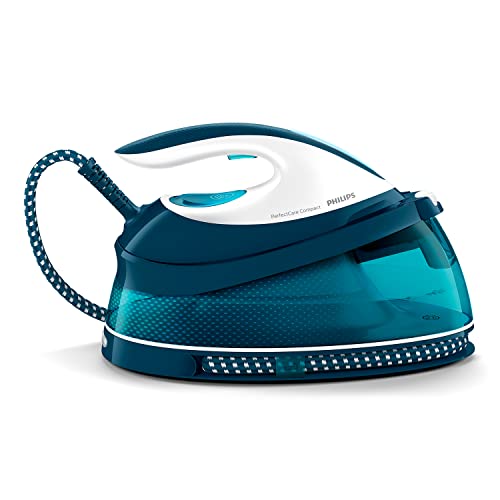 Philips Domestic Appliances Perfect Care Compact Dampfbügelstation - OptimalTemp Technologie, 120 g/min Dauerdampf, 2400 Watt, 6,5 bar Druck, 1,5 L Wassertank, SteamGlide Bügelsohle, Blau (GC7844/20) von Philips Domestic Appliances