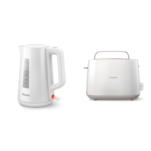 Philips HD9318/00 Wasserkocher Serie 3000, 1,7l, Federdeckel, LED-Anzeige, weiß & HD2581/00 Toaster, integrierter Brötchenaufsatz, 8 Bräunungsstufen, weiß von Philips