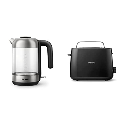 Philips HD9339/80 Glas Wasserkocher, 1,7 Liter (LED-Beleuchtung, Trockenlaufschutz, herausnehmbarer Mikro-Sieb-Filter) & HD2581/90 Toaster, integrierter Brötchenaufsatz, 8 Bräunungsstufen, schwarz von Philips