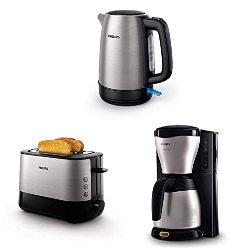 Philips HD9350/90 Wasserkocher (2200 Watt, 1.7 Liter) [Energieklasse A+++] + HD2637/90 Toaster (7 Stufen, Brötchenaufsatz, Stopp-Taste, 1000 W) + HD7546/20 Gaia Filter-Kaffeemaschine mit Thermo-Kanne von Philips