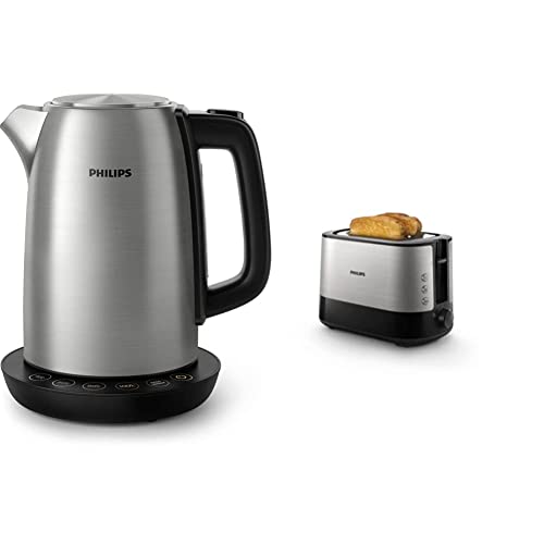 Philips HD9359/90 Wasserkocher aus Edelstahl für Tee bis Babynahrung (2200 Watt, 1,7 Liter, Warmhaltefunktion) & HD2637/91 Toaster, Kunststoff, Schwarz/Edelstahl von Philips