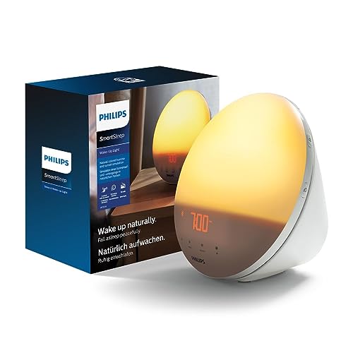 Philips Wake-up Light, farbige Sonnenaufgangssimulation, 20 Lichtstärken, 7 natürliche Klänge, Mitternachtslicht (Modell HF3531/01) von PHILIPS