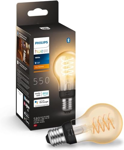 Philips Hue White E27 Filament Lampe (550 lm), dimmbare LED Standard Lampe für das Hue Lichtsystem mit warmweißen Licht, smarte Lichtsteuerung über Sprache und App, 1er Pack von Philips Hue