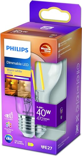 Philips LED Classic E27 WarmGlow Lampe, 40 W, Tropfenform, dimmbar, klar, warmweiß von Philips Lighting