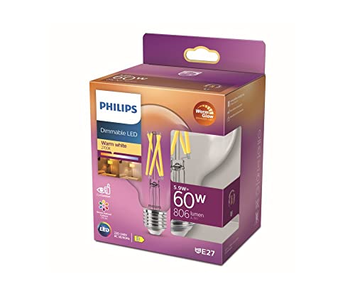 Philips LED Classic E27 WarmGlow Lampe, 60 W, Globeform, dimmbar, klar, warmweiß von Philips Lighting