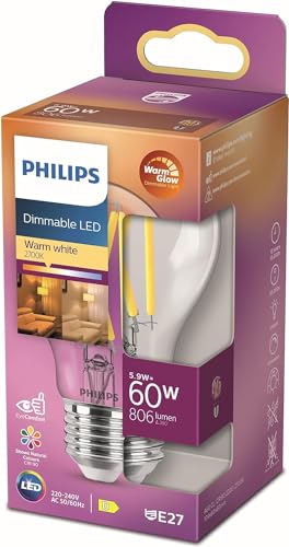 Philips LED Classic E27 WarmGlow Lampe, 60 W, Tropfenform, dimmbar, klar, warmweiß von Philips Lighting