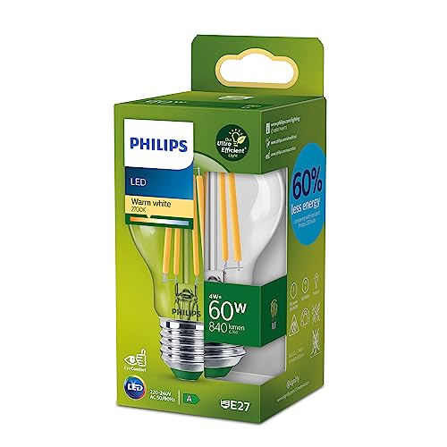 Philips LED Classic E27 ultraeffiziente Lampe, mit Energieeffizienzklasse A, ersetzt 60W, klar, warmweiß von Philips Leuchtmittel