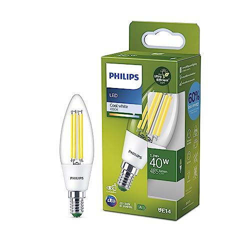 Philips LED Classic ultraeffiziente E14 Lampe, mit Energieeffizienzklasse A, in Kerzen-Form, ersetzt 40W, klar, kaltweiß von Philips Leuchtmittel