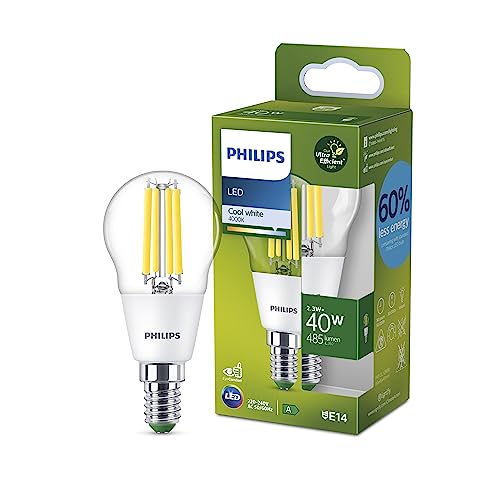 Philips LED Classic ultraeffiziente E14 Lampe, mit Energieeffizienzklasse A, in tropfen-Form, ersetzt 40W, klar, kaltweiß von Philips Leuchtmittel