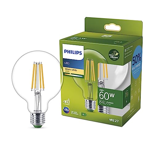 Philips LED Classic ultraeffiziente E27 Lampe, mit Energieeffizienzklasse A, in Globe Form, ersetzt 60W, E27 Sockel, klar, warmweiß von Philips Leuchtmittel