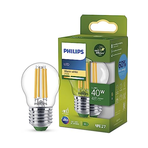 Philips LED Classic ultraeffiziente E27 Lampe, mit Energieeffizienzklasse A, in Tropfen-Form ersetzt 40W, klar, warmweiß von Philips Leuchtmittel
