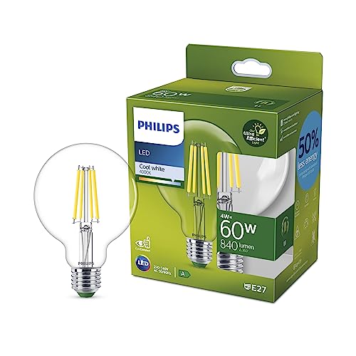 Philips LED Classic ultraeffiziente E27 Lampe, mit Energieeffizienzklasse A in Globe Form, ersetzt 60W, klar, neutralweiß von Philips Leuchtmittel