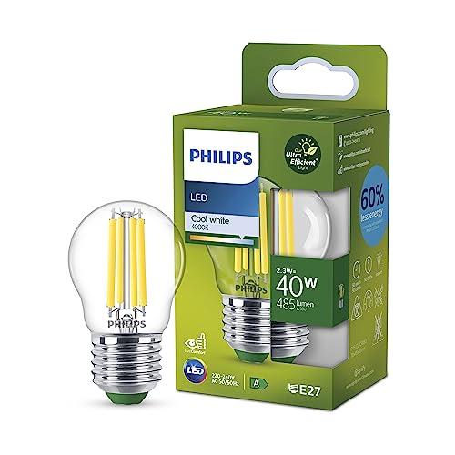 Philips LED Classic ultraeffiziente E27 Lampe, mit Energieeffizienzklasse A in Tropfen-Form, ersetzt 40W, klar, neutralweiß von Philips Leuchtmittel