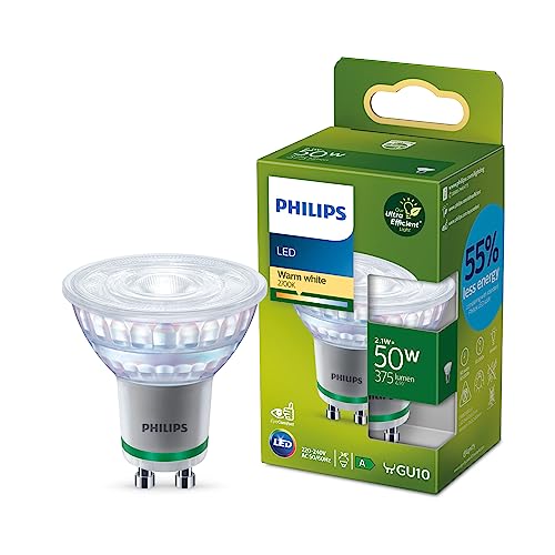 Philips LED Classic ultraeffiziente GU10 Lampe (50 W), LED Spot mit warmweißem Licht, energiesparende Lampe mit langer Nutzlebensdauer, Energieeffizienzklasse A von Philips Leuchtmittel