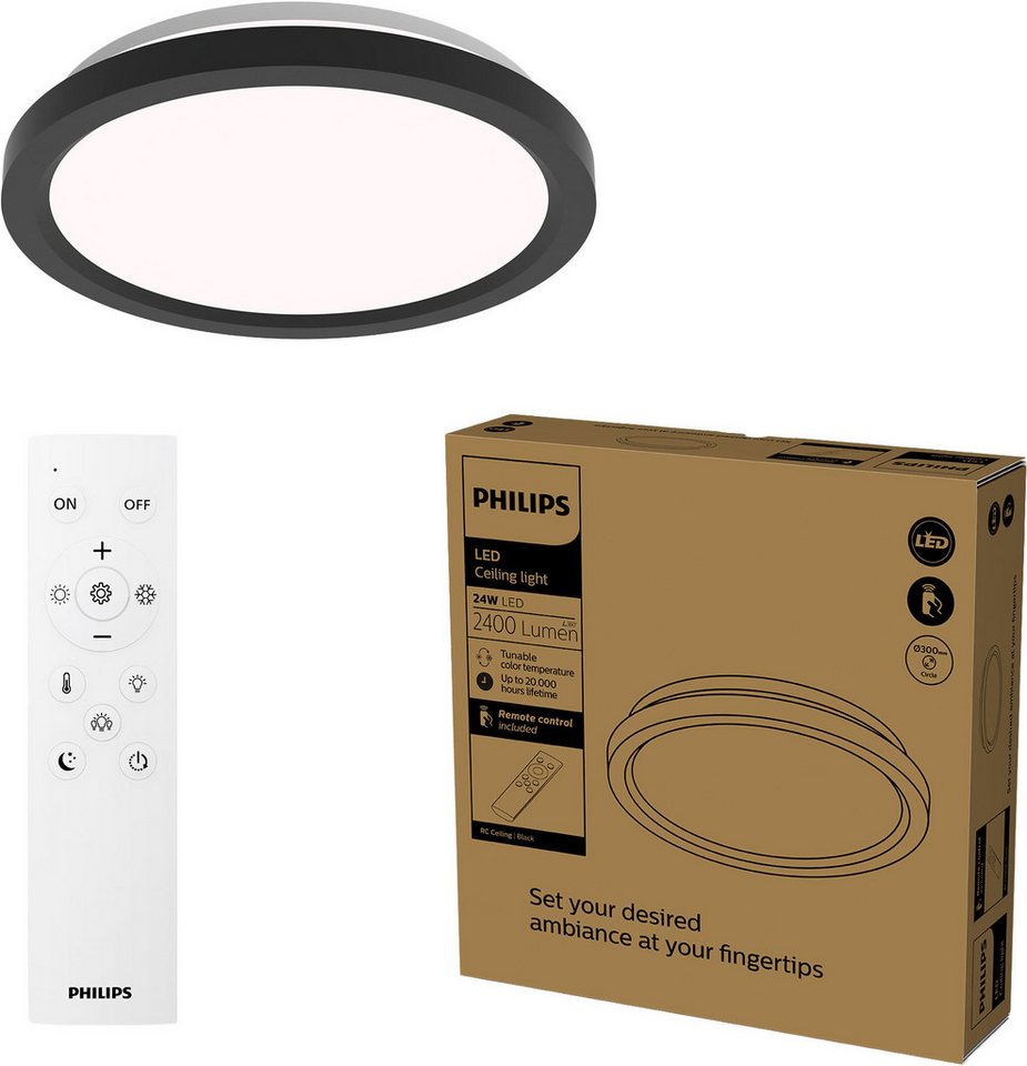 Philips LED Deckenleuchte All-In-One Leuchte, 24W, 2400 Lumen, 30cm rund, schwarz, CCT - über Fernbedienung, Dimmer, Dimmfunktion, Farbsteuerung, Fernbedienung, Infrarot inkl., Memoryfunktion, dimmbar über Fernbedienung, mehrere Helligkeitsstufen, LED fest integriert, warmweiß - kaltweiß, inkl. Fernbedienung Philips LED Deckenleuchte All-In-One Leuchte, 24W, 2400 Lumen, 30cm rund, schwarz, CCT - über Fernbedienung, Dimmer, Dimmfunktion, Farbsteuerung, Fernbedienung, Infrarot inkl., Memoryfunktion, dimmbar über Fernbedienung, mehrere Helligkeitsstufen, LED fest integriert, warmweiß - kaltweiß, inkl. Fernbedienung von Philips