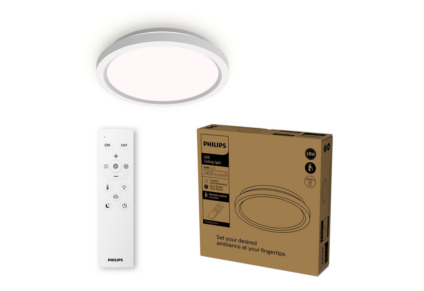 Philips LED Deckenleuchte All-In-One Leuchte, 24W, 2400 Lumen, 30cm rund, weiss, CCT - über Fernbedienung, Dimmer, Dimmfunktion, Farbsteuerung, Fernbedienung, Infrarot inkl., Memoryfunktion, dimmbar über Fernbedienung, mehrere Helligkeitsstufen, LED wechselbar, warmweiß - kaltweiß, inkl. Fernbedienung Philips LED Deckenleuchte All-In-One Leuchte, 24W, 2400 Lumen, 30cm rund, weiss, CCT - über Fernbedienung, Dimmer, Dimmfunktion, Farbsteuerung, Fernbedienung, Infrarot inkl., Memoryfunktion, dimmbar über Fernbedienung, mehrere Helligkeitsstufen, LED wechselbar, warmweiß - kaltweiß, inkl. Fernbedienung von Philips