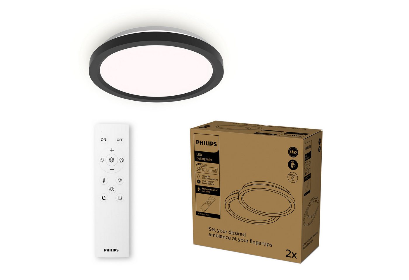 Philips LED Deckenleuchte Multipack 2x All In One 24W, 2400 Lumen, 30cm rund, schwarz, CCT - über Fernbedienung, Dimmer, Dimmfunktion, Farbsteuerung, Fernbedienung, Infrarot inkl., Memoryfunktion, dimmbar über Fernbedienung, mehrere Helligkeitsstufen, LED fest integriert, warmweiß - kaltweiß, inkl. Fernbedienung von Philips