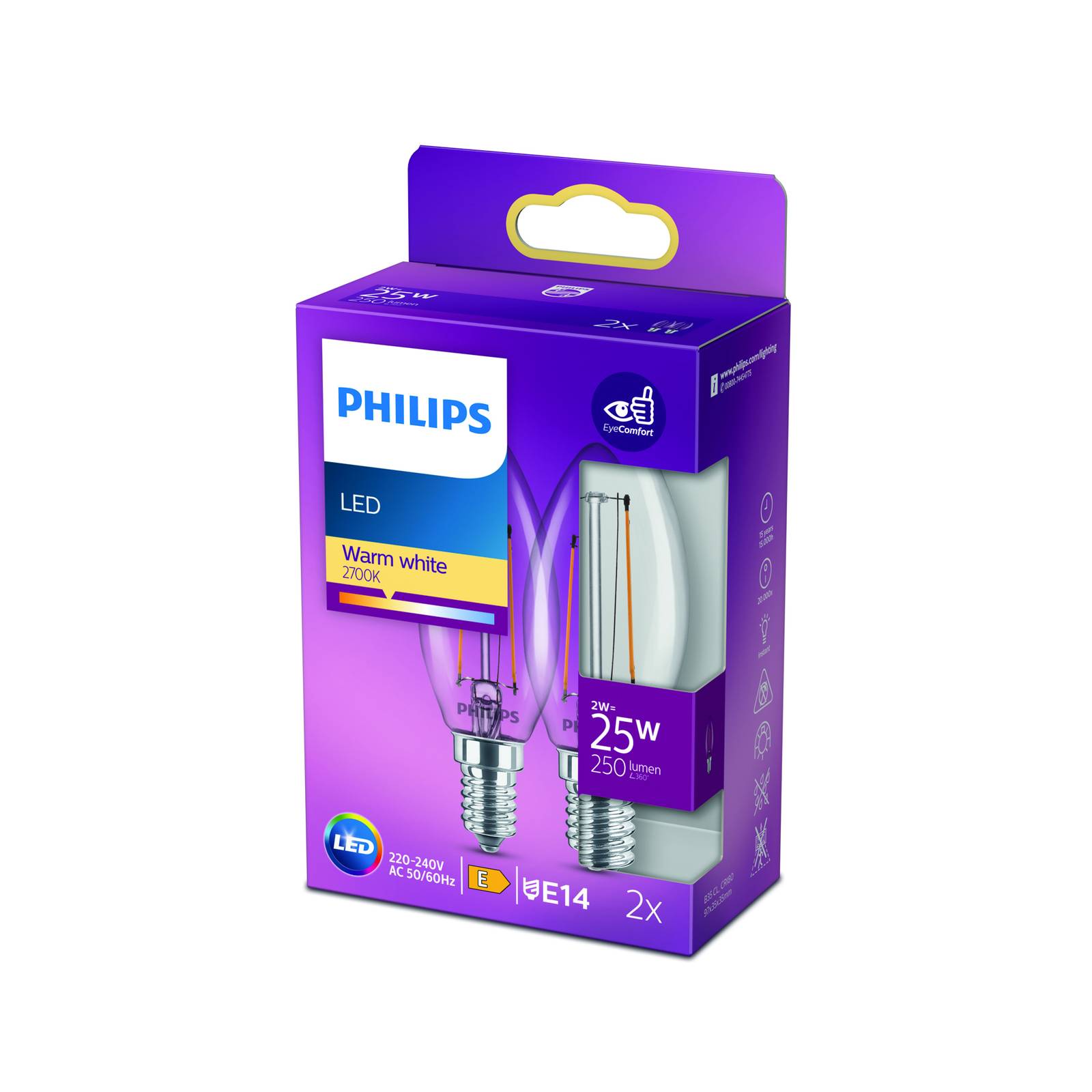 Philips LED-Kerze Filament E14 2W 2.700K 2er-Pack von Philips