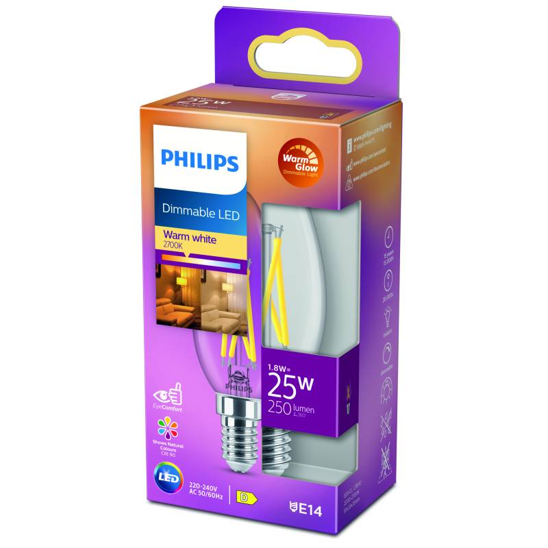 Philips LED-Kerzenlampe 'WarmGlow' klar E14 2 W, dimmbar von Philips