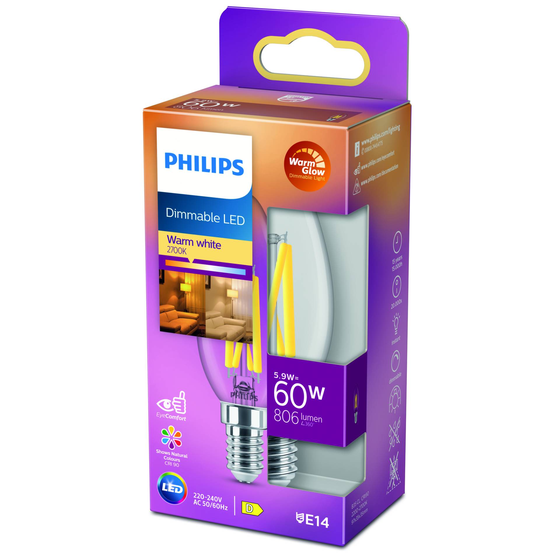 Philips LED-Kerzenlampe 'WarmGlow' klar E14 5,9 W, dimmbar Philips LED-Kerzenlampe 'WarmGlow' klar E14 5,9 W, dimmbar von Philips