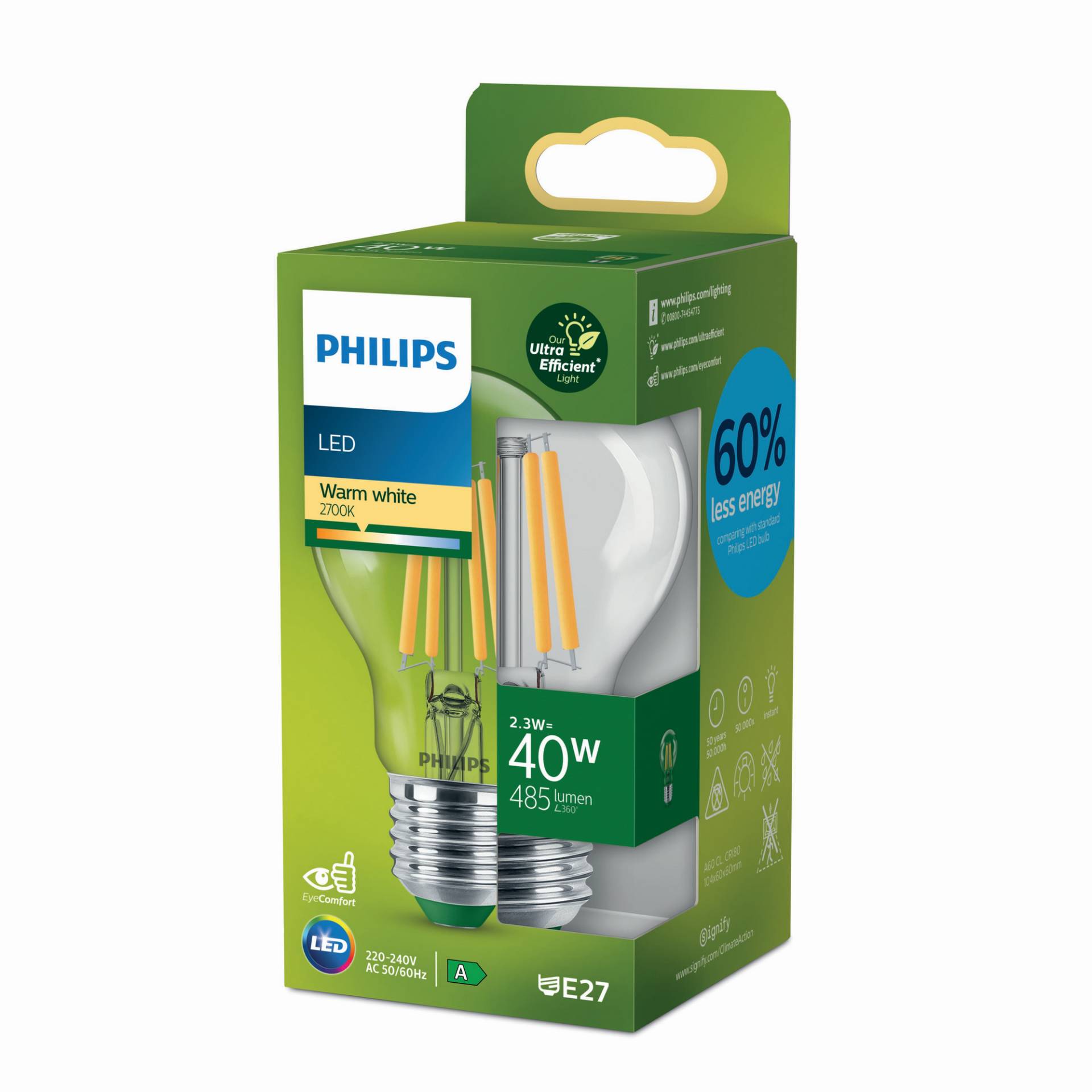 Philips LED-Lampe 'ultra effizient' 2,3 W E27 485 lm, warmweiß von Philips