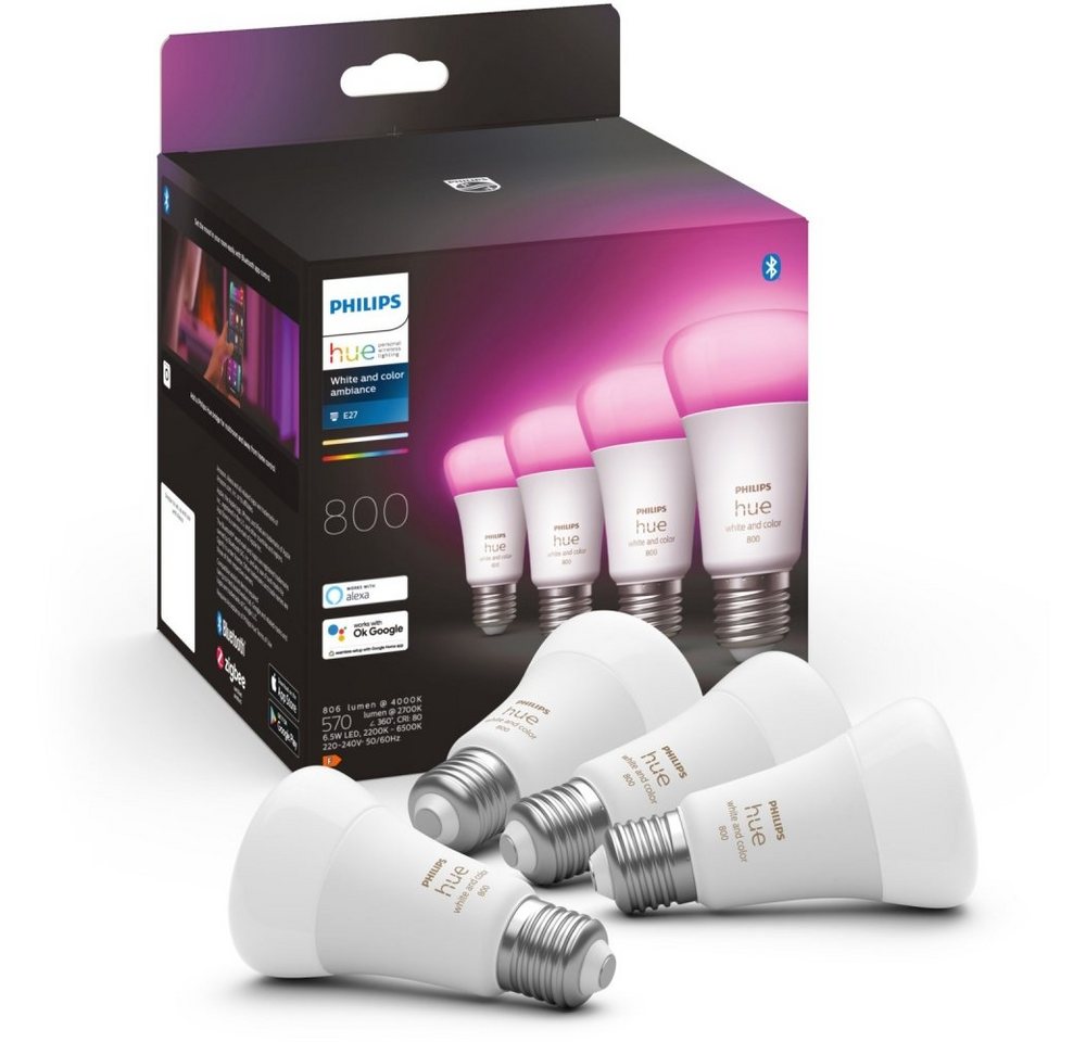 Philips LED-Leuchtmittel Hue White & Color Ambiance 4er-Pack - LED-Lampe - weiß, E27 von Philips