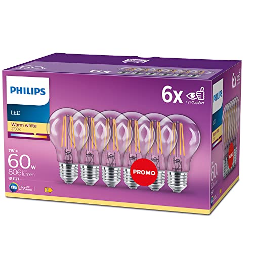 Philips LED Classic E27 Lampe, 60 W, A60, Tropfenform, klar, warmweiß, 6er Pack von Philips Lighting