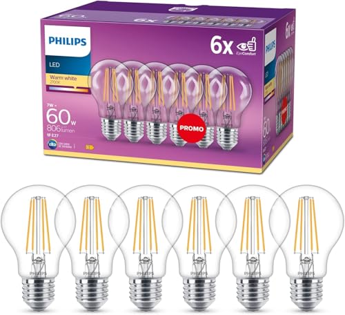 Philips LED Classic E27 Filament Lampen 6-er Pack (60 W), LED Lampen mit warmweißem Licht, energiesparende LED Beleuchtung mit langer Nutzlebensdauer von Philips Lighting