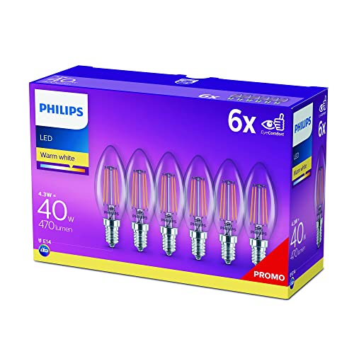 Philips LED classic E14 Lampe, 40 W, Kerzenform, klar, warmweiß, 6er Pack von Philips Lighting